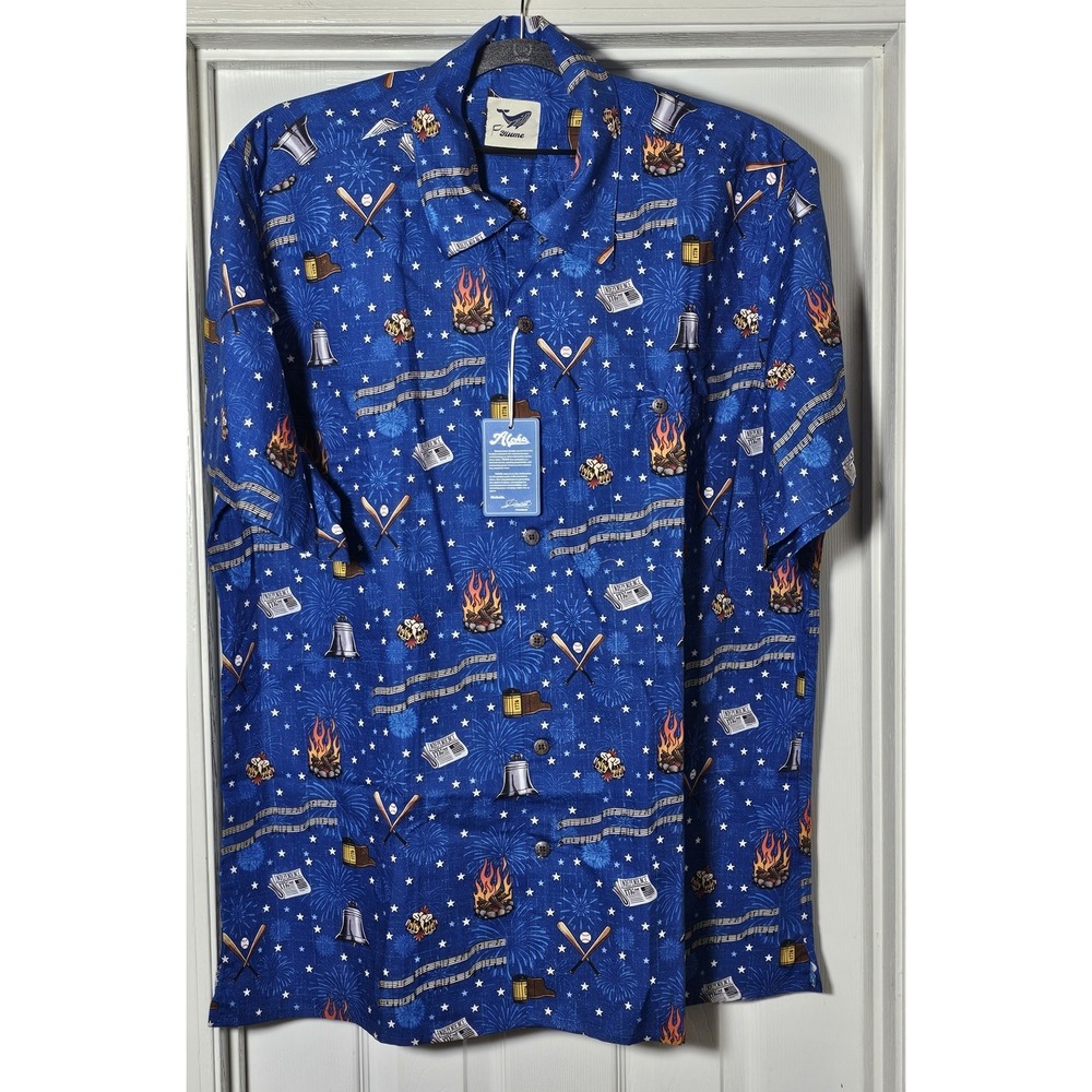 Yiume Hawaiian Shirt Men's Size XL 100% Cotton 4th Of July Independence Day Blue